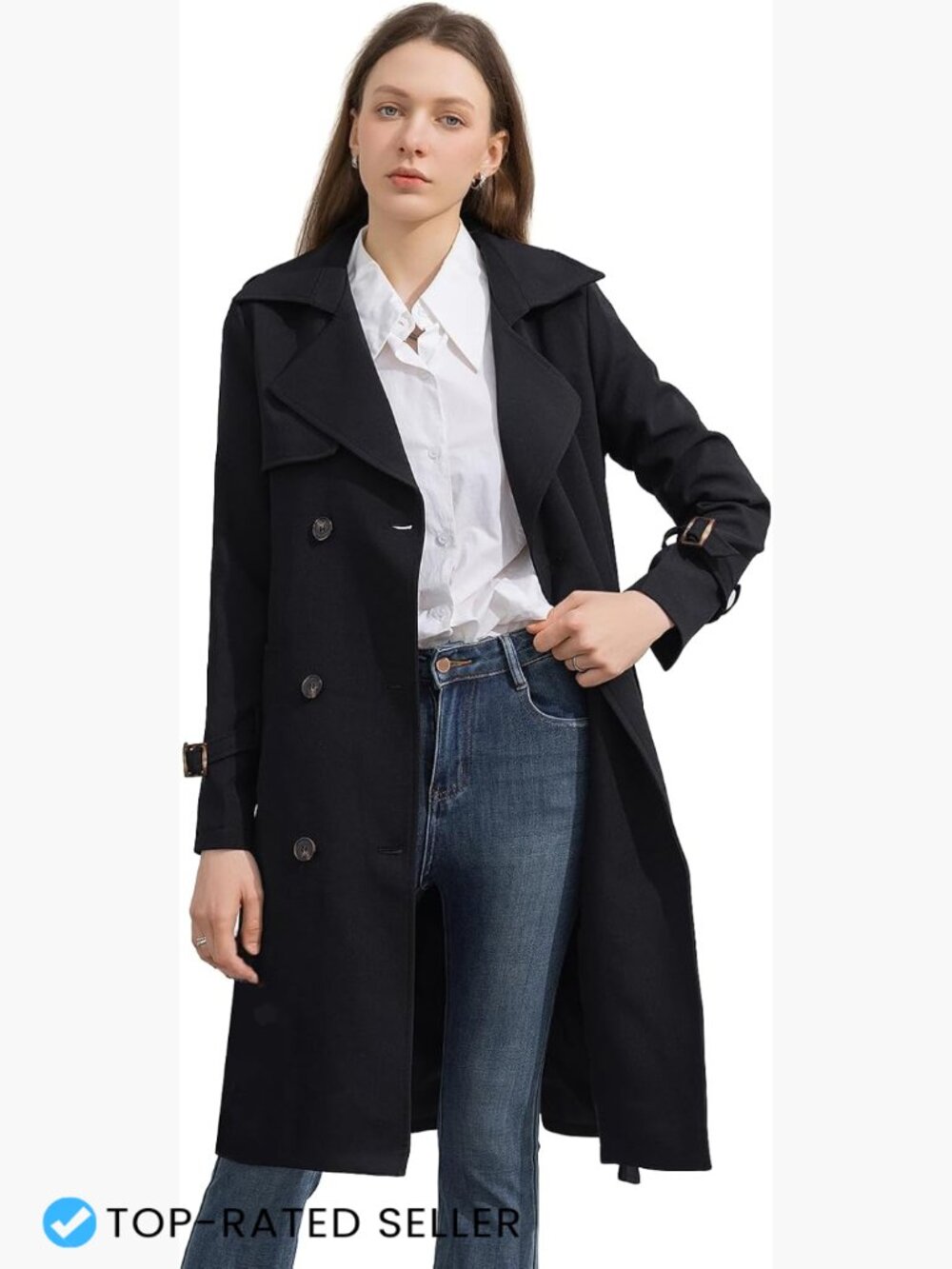 Classic Double Breasted Trench Coat Knee Length Belted Tailored Elegant Layering